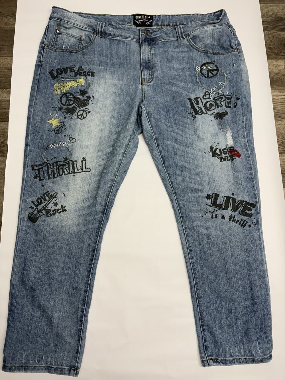 Thrill Y2K Graphic Jeans Womens Size 21/22 Embroidered Love Hope Peace Denim